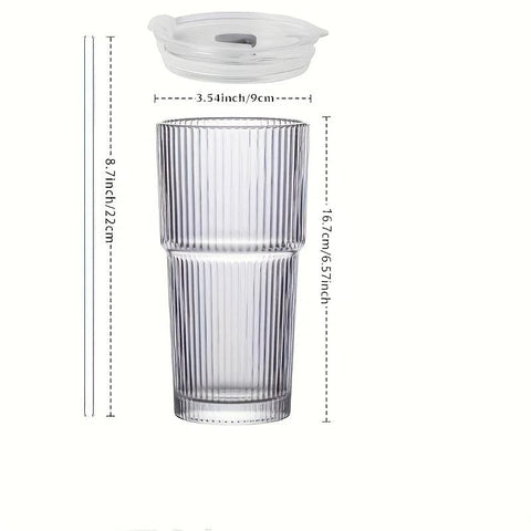 Large Capacity Stripe Glass Coffee Cup With Lid Cover Straw Transparent Drinking Glasses For Juice Iced Coffee Mugs Drinkware